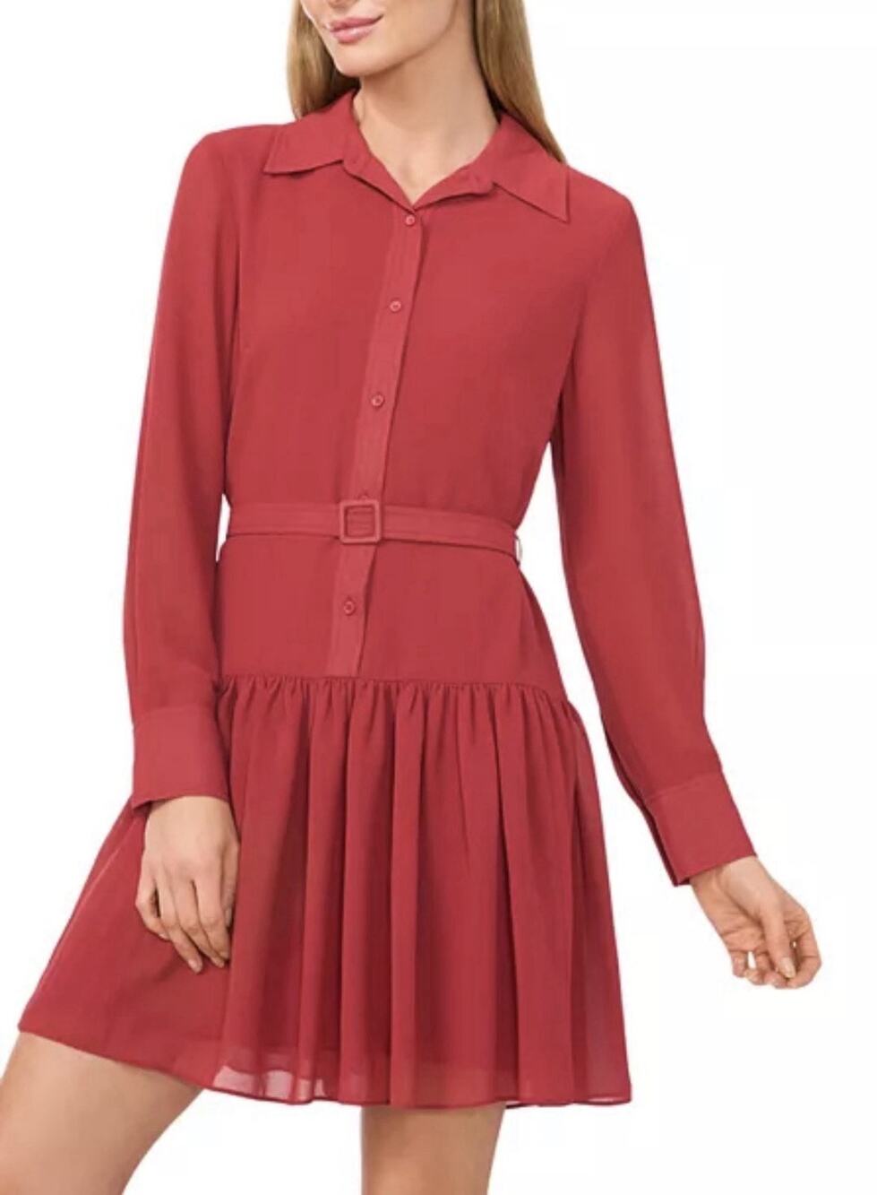 CeCe Women's Long Sleeve Tiered Pleated Shirt Dress Size 4